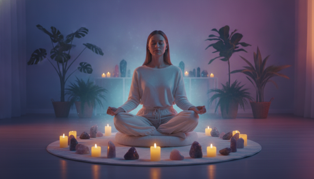 A serene meditation space designed for manifesting success. In the foreground, a young Caucasian/white woman sits cross-legged on a soft mat, dressed in comfortable, modest casual attire. She has her eyes closed, and an expression of deep focus and tranquility. Surrounding her are glowing crystals and candles arranged in a calming circle. In the middle ground, lush greenery and stylish indoor plants create a refreshing atmosphere. The background reveals a softly lit room with dreamlike, neon-colored ambient lighting that enhances the meditative mood, casting gentle shadows. A faint aura of shimmering light surrounds the woman, suggesting a connection to her inner self. The composition uses a shallow depth of field to emphasize the subject, capturing an atmospheric and focused environment ideal for meditation. A serene meditation space designed for manifesting success. In the foreground, a young Caucasian/white woman sits cross-legged on a soft mat, dressed in comfortable, modest casual attire. She has her eyes closed, and an expression of deep focus and tranquility. Surrounding her are glowing crystals and candles arranged in a calming circle. In the middle ground, lush greenery and stylish indoor plants create a refreshing atmosphere. The background reveals a softly lit room with dreamlike, neon-colored ambient lighting that enhances the meditative mood, casting gentle shadows. A faint aura of shimmering light surrounds the woman, suggesting a connection to her inner self. The composition uses a shallow depth of field to emphasize the subject, capturing an atmospheric and focused environment ideal for meditation.