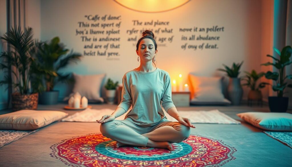 A serene meditation space designed for money mindfulness, featuring a well-organized area with cushions, soft textures, and calming decor. In the foreground, a person dressed in modest casual clothing, sitting cross-legged on a vibrant mandala-patterned mat, eyes closed, embodying tranquility. Soft neon colors illuminate the scene, casting a dreamy atmosphere. In the middle, crystals and softly lit candles create a sacred ambiance, while lush indoor plants add a touch of nature. The background showcases a softly blurred wall adorned with inspirational quotes and symbols related to abundance. Warm, inviting lighting, emulating golden hour, enhances the overall feeling of peace and empowerment, evoking a sense of readiness for personal growth through meditation.