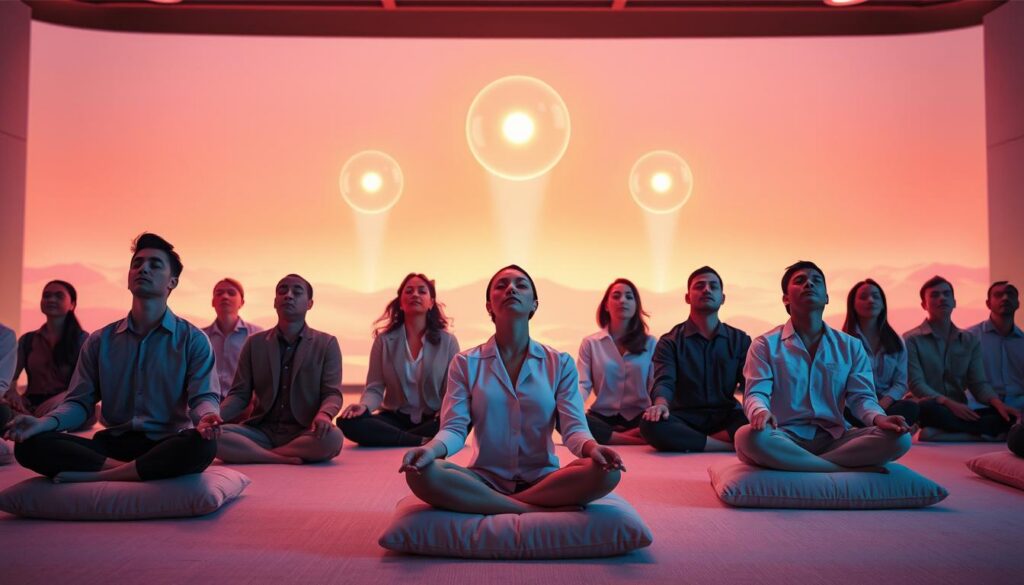 A serene meditation space filled with soft neon colors, capturing the essence of Dreamcore. In the foreground, a diverse group of adults in business casual attire, sitting cross-legged on plush cushions, eyes closed, and faces relaxed, embodying a sense of tranquility. In the middle ground, softly glowing orbs of light hover above their heads, symbolizing the release of mental blocks, while gentle waves of color ripple around them. The background features a tranquil, abstract landscape with ethereal shapes and soothing gradients, creating a dreamlike atmosphere. The lighting is warm and diffused, casting a calm glow over the scene. The overall mood is peaceful and introspective, inviting viewers to connect with the idea of mental clarity and abundance.