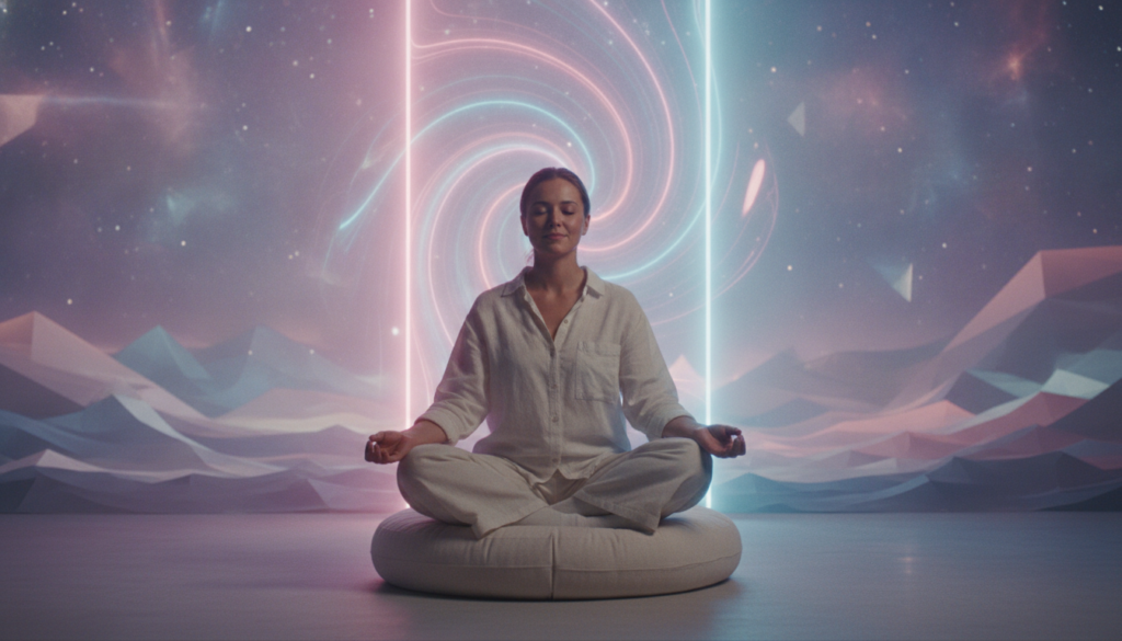 A serene meditation space, foreground featuring a calm adult Gen Z individual seated cross-legged on a plush, circular meditation cushion. The individual, dressed in stylish, modest casual clothing, closes their eyes with a peaceful expression. In the middle ground, a glowing, ethereal portal radiates soft neon colors—pinks, blues, and purples—suggesting a connection to alternate timelines. The background presents a dreamy landscape of abstract shapes and light patterns, reminiscent of a cosmic realm. Soft, dynamic lighting illuminates the scene, casting gentle shadows and enhancing the tranquil atmosphere. The overall mood is one of preparation and serenity, evoking a sense of inner contemplation and readiness for a transformational experience. The angle is slightly elevated, capturing both the individual and the enchanting portal in a harmonious composition.