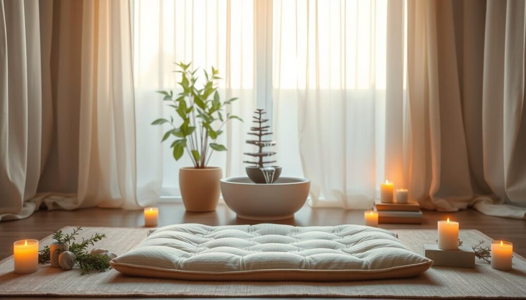A serene meditation space, softly lit by warm, ambient light. In the foreground, a plush meditation cushion sits on a soft mat, surrounded by delicate candles emitting a gentle glow. Fresh herbs and crystals create an inviting atmosphere, while a small water fountain trickles in the background, adding tranquility. In the middle, a potted plant adds a touch of nature, complementing the minimalist decor of the space. The background features soft, flowing curtains that diffuse natural light, casting soft shadows. The overall mood is peaceful and inviting, encouraging a sense of calm and focused mindfulness. The composition should evoke a dreamcore aesthetic with hints of neon colors strategically placed, creating a high-end magazine advertisement feel, perfect for young adults seeking inner connection.