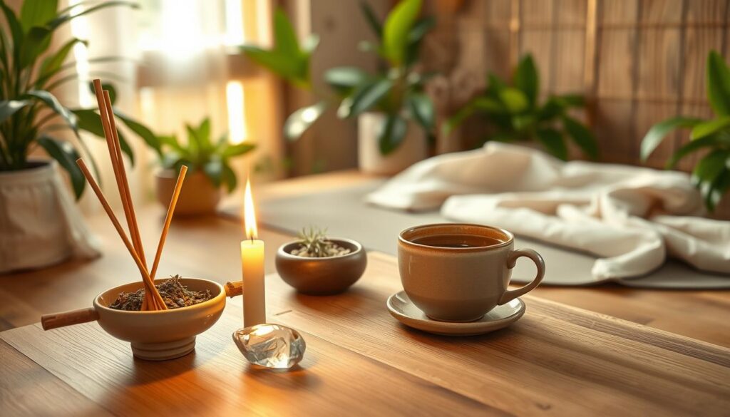 A serene, meditative space centered around a lit palo santo stick, emitting a soft golden glow. In the foreground, an elegant, minimalist wooden table holds a crafted ceramic bowl filled with herbs, a sage bundle, and a polished crystal, all bathed in warm, inviting light. The middle ground features a gently steaming cup of herbal tea and a yoga mat, inviting calmness and focus, while soft, pastel-colored cotton cloths drape subtly. In the background, vibrant green plants and natural wood textures create an organic ambiance, punctuated by a dreamy neon light effect that enhances the tranquil atmosphere. The image should embody mindfulness and serenity, with smooth, soft lighting giving it a high-end magazine advertisement feel, appealing to an adult Gen Z audience.