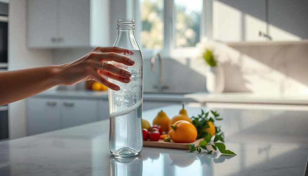 A serene, minimalist kitchen scene showcasing a clear glass water bottle filled with vibrant, sparkling water, set on a sleek marble countertop. In the foreground, an elegant hand reaches for the bottle, adorned with subtle metallic nail polish, conveying intention and mindfulness. The middle ground features fresh fruits and herbs arranged artfully around the bottle, hinting at healthy hydration choices. In the background, soft, natural light filters through a window, casting gentle reflections and illuminating the scene with a warm glow. The atmosphere is motivational and uplifting, embodying a modern, aspirational lifestyle geared towards health and wellness. Overall, the composition should exude a high-end magazine advertisement feel with dreamy neon accents, appealing to adult Gen Z sensibilities.