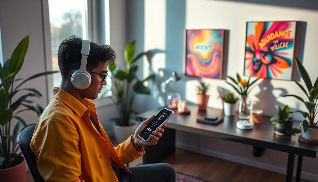 A serene, modern home office adorned with vibrant, dreamcore-inspired decor in neon colors. In the foreground, a stylishly dressed young adult using high-quality headphones, attentively listening to a smartphone or tablet displaying an abundance-themed audio session. The middle ground features a sleek desk with motivational quotes and crystals arranged aesthetically, set against a backdrop of lush houseplants and ambient lighting creating a tranquil atmosphere. Soft, diffused sunlight streams through large windows, casting gentle shadows, while a dreamy, colorful abstract art piece hangs on the wall. The entire scene conveys a sense of focus, positivity, and a commitment to personal growth. The overall mood is uplifting and inspiring, evoking a sense of possibility and abundance.