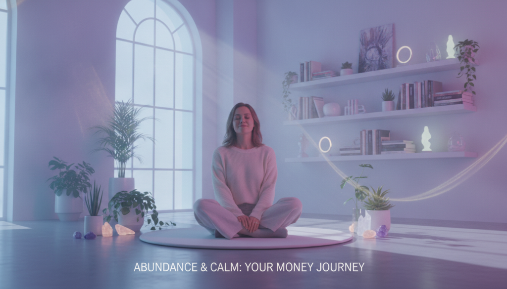 A serene modern workspace bathed in soft, ambient neon colors, invoking a dreamcore aesthetic. In the foreground, a young adult woman of Caucasian descent, dressed in professional yet comfortable clothing, sits cross-legged on a plush meditation mat, surrounded by a small arrangement of green plants and crystals. She closes her eyes, showcasing a peaceful expression, exuding calmness and tranquility. In the middle ground, ethereal light streams through a large window, casting subtle reflections that enhance the atmosphere of abundance and positivity. In the background, a bookshelf filled with inspiring books and delicate art pieces adds depth to the scene. The overall mood is soothing and motivational, encouraging viewers to embrace a sense of abundance and calmness in their approach to money anxiety.
