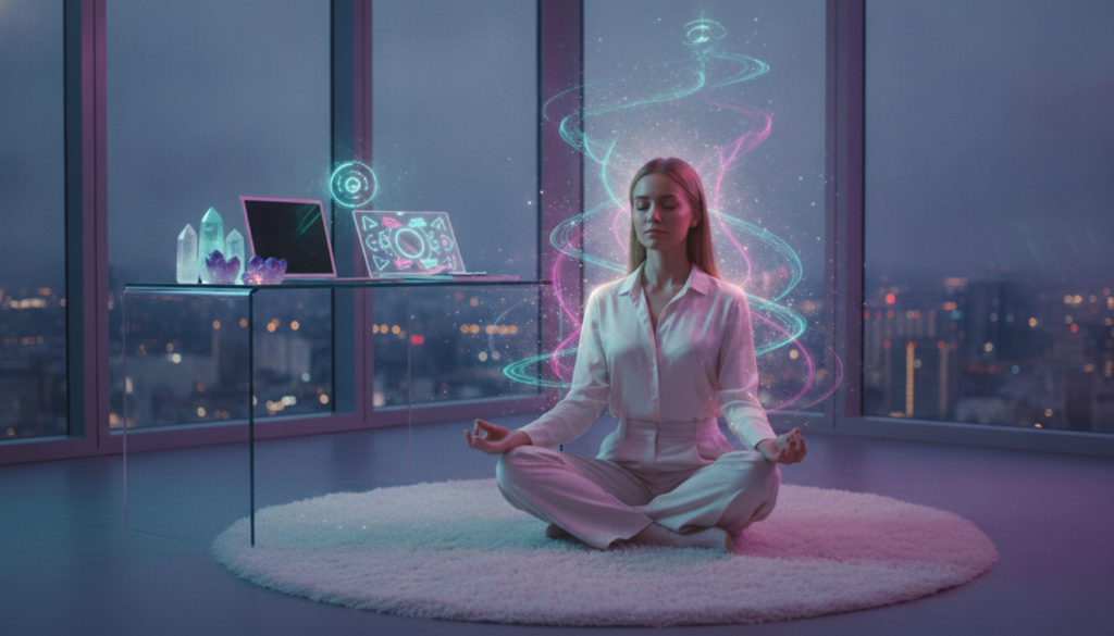A serene, modern workspace setting bathed in soft neon colors, featuring a glass table with a sleek laptop, crystal-clear planner, and an assortment of vibrant crystals arranged deliberately. In the foreground, a focused young woman wearing modest, stylish business attire sits cross-legged on a plush rug, eyes gently closed in deep concentration, emanating an ethereal glow. In the middle ground, wispy, colorful energy patterns begin to form around her, symbolizing the preparation of a telepathic message. In the background, large windows reveal a twilight cityscape, casting gentle light across the scene. The overall atmosphere is tranquil yet charged, embodying a blend of professionalism and the mystical, with an emphasis on inner peace and intention setting. A serene, modern workspace setting bathed in soft neon colors, featuring a glass table with a sleek laptop, crystal-clear planner, and an assortment of vibrant crystals arranged deliberately. In the foreground, a focused young woman wearing modest, stylish business attire sits cross-legged on a plush rug, eyes gently closed in deep concentration, emanating an ethereal glow. In the middle ground, wispy, colorful energy patterns begin to form around her, symbolizing the preparation of a telepathic message. In the background, large windows reveal a twilight cityscape, casting gentle light across the scene. The overall atmosphere is tranquil yet charged, embodying a blend of professionalism and the mystical, with an emphasis on inner peace and intention setting.