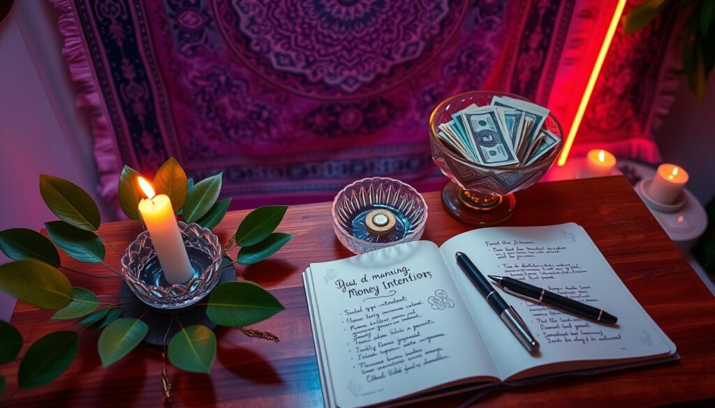 A serene money intention ritual scene featuring a neatly arranged workspace. In the foreground, a polished wooden table holds a small altar adorned with vibrant green bay leaves, a lit candle casting a warm glow, and a polished crystal bowl filled with stacks of colorful currency notes. The middle ground showcases an intricately designed journal opened with handwritten intentions and a pen beside it, while a calming tapestry with intricate patterns hangs in the background. Neon colors subtly illuminate the space, creating an ethereal dreamcore atmosphere. Soft, ambient lighting enhances the mood of focus and intention, inviting a sense of clarity and purpose. The perspective is slightly top-down, giving an overview of this tranquil setting, perfect for manifesting abundance. No human figures present, ensuring full concentration on the ritual elements. A serene money intention ritual scene featuring a neatly arranged workspace. In the foreground, a polished wooden table holds a small altar adorned with vibrant green bay leaves, a lit candle casting a warm glow, and a polished crystal bowl filled with stacks of colorful currency notes. The middle ground showcases an intricately designed journal opened with handwritten intentions and a pen beside it, while a calming tapestry with intricate patterns hangs in the background. Neon colors subtly illuminate the space, creating an ethereal dreamcore atmosphere. Soft, ambient lighting enhances the mood of focus and intention, inviting a sense of clarity and purpose. The perspective is slightly top-down, giving an overview of this tranquil setting, perfect for manifesting abundance. No human figures present, ensuring full concentration on the ritual elements.