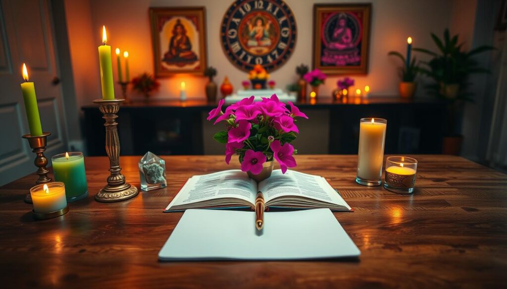 A serene money intention ritual space, set within a softly lit room. In the foreground, a polished wooden table is adorned with gold and green candles, shimmering crystals, and a small pot of fresh herbs. In the middle, an open journal lies with a luxurious pen, surrounded by vivid pink and purple flowers, creating a vibrant yet calming atmosphere. The background features a softly glowing altar, with ethereal images of prosperity and abundance hanging on the walls. The lighting is warm and inviting, accentuating the neon colors of the decor. The overall mood is mystical and focused, perfect for setting clear intentions. The angle captures the full essence of the ritual space, inviting inspiration and clarity. A serene money intention ritual space, set within a softly lit room. In the foreground, a polished wooden table is adorned with gold and green candles, shimmering crystals, and a small pot of fresh herbs. In the middle, an open journal lies with a luxurious pen, surrounded by vivid pink and purple flowers, creating a vibrant yet calming atmosphere. The background features a softly glowing altar, with ethereal images of prosperity and abundance hanging on the walls. The lighting is warm and inviting, accentuating the neon colors of the decor. The overall mood is mystical and focused, perfect for setting clear intentions. The angle captures the full essence of the ritual space, inviting inspiration and clarity.