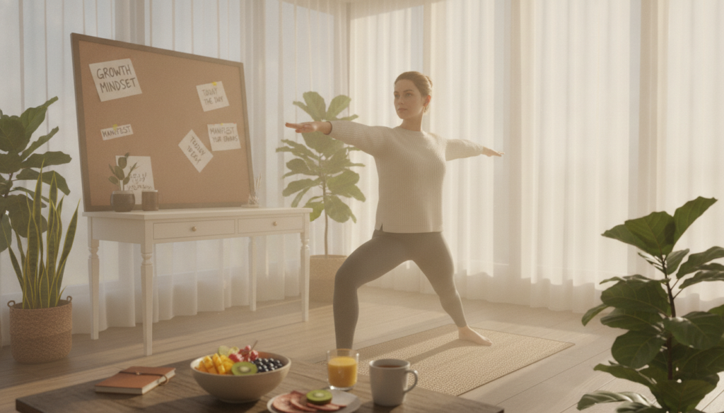 A serene morning scene depicting a bright, sunlit room designed for a high vibe morning routine. In the foreground, a young Caucasian adult in professional casual attire practices yoga on a mat, exuding tranquility and focus. A neatly arranged breakfast of vibrant fruits and a steaming cup of herbal tea rests on a wooden table, hinting at healthy choices. In the middle ground, an elegant desk displays a journal and a vision board filled with motivational quotes, surrounded by indoor plants that bring life and energy to the space. The background features large windows allowing soft, natural light to flood in, illuminating the room with a warm glow. Use a soft focus lens to create a dreamy atmosphere, enhancing the feeling of intention and positivity in the morning routine. A serene morning scene depicting a bright, sunlit room designed for a high vibe morning routine. In the foreground, a young Caucasian adult in professional casual attire practices yoga on a mat, exuding tranquility and focus. A neatly arranged breakfast of vibrant fruits and a steaming cup of herbal tea rests on a wooden table, hinting at healthy choices. In the middle ground, an elegant desk displays a journal and a vision board filled with motivational quotes, surrounded by indoor plants that bring life and energy to the space. The background features large windows allowing soft, natural light to flood in, illuminating the room with a warm glow. Use a soft focus lens to create a dreamy atmosphere, enhancing the feeling of intention and positivity in the morning routine.