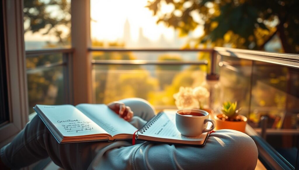 A serene morning scene depicting a daily mental health reset, where a young adult in casual yet stylish attire sits cross-legged on a cozy, sunlit balcony. The foreground focuses on a notebook filled with gratitude entries, a steaming cup of herbal tea, and a small succulent plant. In the middle ground, gentle pastel colors blend with vibrant neon hues as soft sunlight filters through nearby trees, creating a tranquil ambiance. The background features a dreamy urban skyline, slightly blurred to emphasize relaxation over city chaos. A soft bokeh effect enhances the atmosphere, evoking a sense of peace and reflection. The lighting is warm and inviting, conjuring feelings of hope and positivity, ideal for illustrating the transformative power of gratitude in one's daily life. A serene morning scene depicting a daily mental health reset, where a young adult in casual yet stylish attire sits cross-legged on a cozy, sunlit balcony. The foreground focuses on a notebook filled with gratitude entries, a steaming cup of herbal tea, and a small succulent plant. In the middle ground, gentle pastel colors blend with vibrant neon hues as soft sunlight filters through nearby trees, creating a tranquil ambiance. The background features a dreamy urban skyline, slightly blurred to emphasize relaxation over city chaos. A soft bokeh effect enhances the atmosphere, evoking a sense of peace and reflection. The lighting is warm and inviting, conjuring feelings of hope and positivity, ideal for illustrating the transformative power of gratitude in one's daily life.