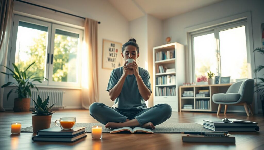 A serene morning scene depicting a phone-free morning routine. In the foreground, a young adult dressed in modest casual clothing, sipping herbal tea, sits cross-legged on a yoga mat, surrounded by an array of calming items: a journal, a succulent plant, and gentle candlelight flickering. In the middle ground, a bright, sunlit room with soft, pastel-colored walls and a large window showcasing a lush garden outside. The background features a neatly organized bookshelf with motivational books and a cozy reading nook, all bathed in soft, natural morning light. The atmosphere is tranquil and inspiring, conveying a sense of mindfulness and focus away from digital distractions. The image captures the essence of a successful, grounded start to the day, with a touch of dreamcore aesthetics through playful neon accents in decor elements.