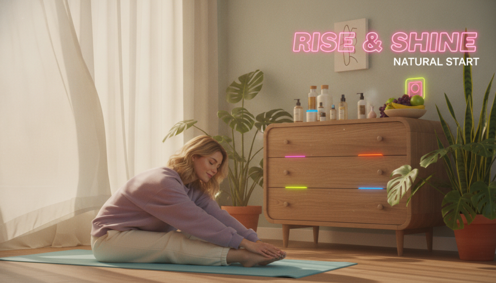 A serene morning scene depicting a simple body self-care routine. In the foreground, a young Caucasian woman in comfortable, modest loungewear is engaged in gentle stretching on a yoga mat, a look of tranquility on her face. In the middle ground, a sunlit room with lush indoor plants and a delicate wooden dresser displays skincare products and fresh fruits, emphasizing natural wellness. The background features a large window with soft, flowing curtains that let in warm, golden morning light. The color palette includes dreamy pastels and neon accents, creating a vibrant yet calming atmosphere. The image captures a high-end magazine advertisement feel, evoking a sense of rejuvenation and positivity, tailored for an adult Gen Z audience. A serene morning scene depicting a simple body self-care routine. In the foreground, a young Caucasian woman in comfortable, modest loungewear is engaged in gentle stretching on a yoga mat, a look of tranquility on her face. In the middle ground, a sunlit room with lush indoor plants and a delicate wooden dresser displays skincare products and fresh fruits, emphasizing natural wellness. The background features a large window with soft, flowing curtains that let in warm, golden morning light. The color palette includes dreamy pastels and neon accents, creating a vibrant yet calming atmosphere. The image captures a high-end magazine advertisement feel, evoking a sense of rejuvenation and positivity, tailored for an adult Gen Z audience.