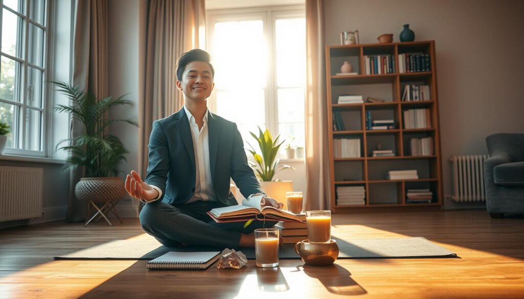 A serene morning scene depicting a stylish, cozy home interior, bathed in soft, golden light filtering through large windows. In the foreground, a young adult in professional business attire is seated cross-legged on a yoga mat, engaged in meditation with a blissful expression. Beside them, a journal and a steaming cup of herbal tea rest on a wooden side table, surrounded by inspiring crystals and candles. In the middle, a potted plant adds a touch of greenery, symbolizing growth and vitality. The background features an elegant bookshelf filled with personal development books and uplifting decor. The overall mood is calm, inspiring, and focused, evoking a sense of clarity and purpose to support manifestation and success. The use of warm tones and gentle neon accents creates a modern dreamcore aesthetic, reminiscent of a high-end magazine advertisement.