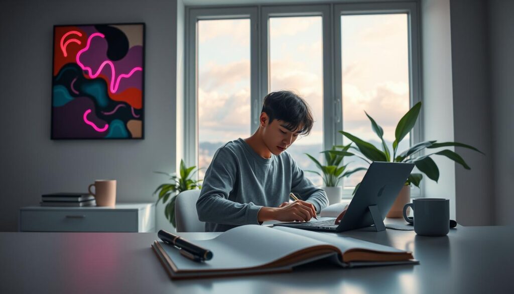 A serene morning scene featuring a stylish workspace, illuminated by soft natural light filtering through a large window. In the foreground, a neatly arranged desk is adorned with a plush notepad and a chic pen, both inviting for morning writing. Overhead, abstract dreamcore art pieces in vibrant neon colors hang on the walls, creating an inspiring atmosphere. In the middle, an adult Gen Z individual, dressed in modest casual attire, is seated at the desk, absorbed in their writing, surrounded by lush green plants that add freshness to the space. The background showcases a calming landscape outside the window, with soft pastel-colored clouds illuminating the sky, enhancing the peaceful and focused mood of the moment. A serene morning scene featuring a stylish workspace, illuminated by soft natural light filtering through a large window. In the foreground, a neatly arranged desk is adorned with a plush notepad and a chic pen, both inviting for morning writing. Overhead, abstract dreamcore art pieces in vibrant neon colors hang on the walls, creating an inspiring atmosphere. In the middle, an adult Gen Z individual, dressed in modest casual attire, is seated at the desk, absorbed in their writing, surrounded by lush green plants that add freshness to the space. The background showcases a calming landscape outside the window, with soft pastel-colored clouds illuminating the sky, enhancing the peaceful and focused mood of the moment.