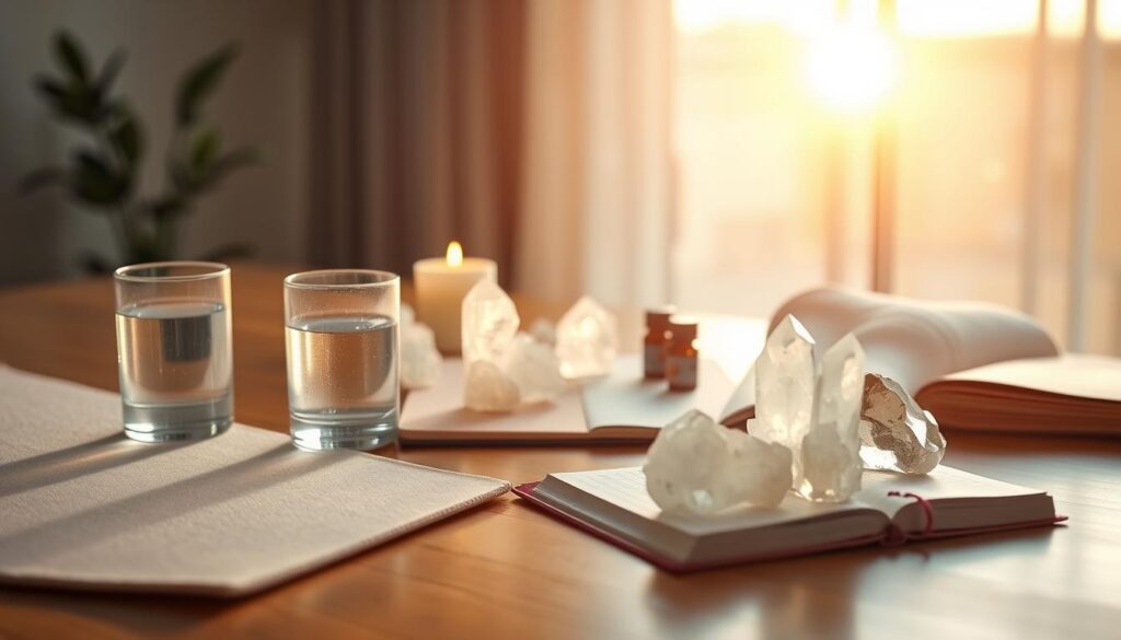A serene morning scene featuring clear quartz crystals arranged elegantly on a polished wooden table. In the foreground, a soft, pastel-colored yoga mat is visible, with a glass of water and a lit white candle nearby. The middle ground showcases a glowing crystal cluster alongside essential oils and a journal, hinting at intention-setting rituals. In the background, a gentle sunrise bathes the scene in warm, golden light, creating a tranquil atmosphere. The setting is minimalistic and modern, reflecting Gen Z aesthetics with dreamcore influences. The image should possess high contrast, rich colors, and a soft focus blur effect applied to the background to emphasize the peaceful morning routine. A serene morning scene featuring clear quartz crystals arranged elegantly on a polished wooden table. In the foreground, a soft, pastel-colored yoga mat is visible, with a glass of water and a lit white candle nearby. The middle ground showcases a glowing crystal cluster alongside essential oils and a journal, hinting at intention-setting rituals. In the background, a gentle sunrise bathes the scene in warm, golden light, creating a tranquil atmosphere. The setting is minimalistic and modern, reflecting Gen Z aesthetics with dreamcore influences. The image should possess high contrast, rich colors, and a soft focus blur effect applied to the background to emphasize the peaceful morning routine.