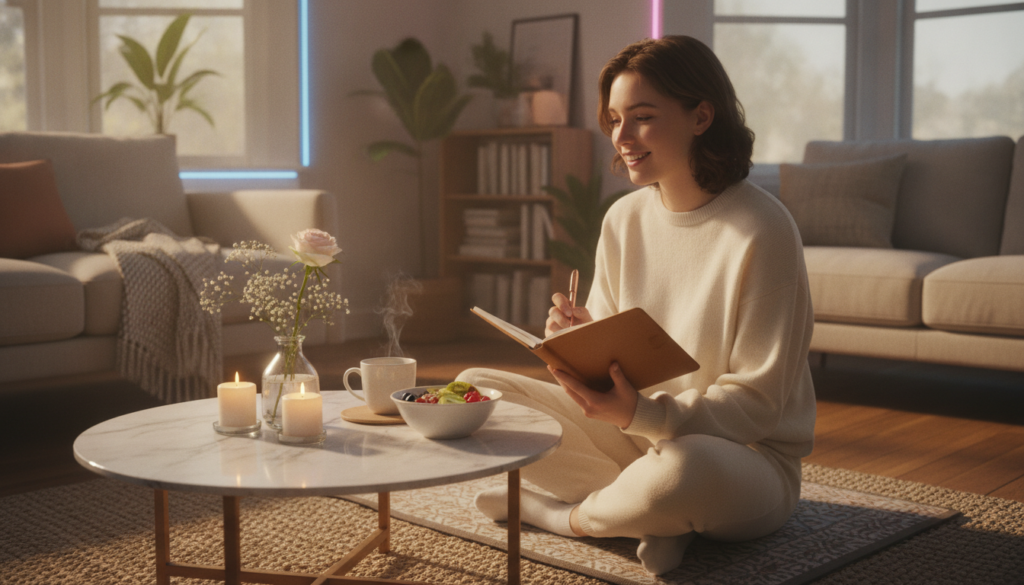 A serene morning scene illustrating a gratitude morning routine. In the foreground, a young adult Gen Z individual of Caucasian descent sits cross-legged on a sunlit yoga mat, wearing comfortable, modest casual attire. They hold a journal, pen poised, with an expression of contemplation and joy. In the middle, a stylish coffee table displays an aesthetically arranged breakfast of fresh fruit and a steaming cup of tea, surrounded by glowing candles and a small vase of flowers. The background shows a bright and cozy living room with large windows letting in soft, golden morning light, enhancing the inviting atmosphere. Dreamcore elements, with subtle neon accents, create a tranquil yet vibrant vibe, showcasing a high-end magazine advertisement aesthetic. The overall mood is one of positivity and inspiration, perfect for starting the day with gratitude and small wins. A serene morning scene illustrating a gratitude morning routine. In the foreground, a young adult Gen Z individual of Caucasian descent sits cross-legged on a sunlit yoga mat, wearing comfortable, modest casual attire. They hold a journal, pen poised, with an expression of contemplation and joy. In the middle, a stylish coffee table displays an aesthetically arranged breakfast of fresh fruit and a steaming cup of tea, surrounded by glowing candles and a small vase of flowers. The background shows a bright and cozy living room with large windows letting in soft, golden morning light, enhancing the inviting atmosphere. Dreamcore elements, with subtle neon accents, create a tranquil yet vibrant vibe, showcasing a high-end magazine advertisement aesthetic. The overall mood is one of positivity and inspiration, perfect for starting the day with gratitude and small wins.