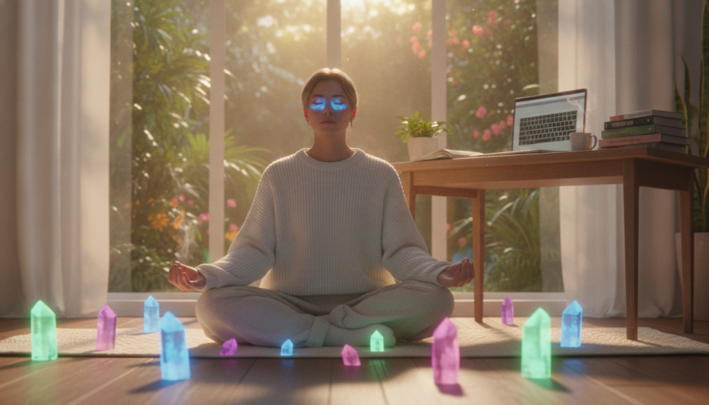 A serene morning scene showcasing an inspiring daily routine. In the foreground, a young adult Gen Z individual of Caucasian descent, dressed in stylish, modest casual clothing, is seated cross-legged on a soft yoga mat. They are meditating with a calm expression, surrounded by glowing, neon-colored crystals that emanate a gentle light. In the middle ground, a neatly organized workspace with a laptop and motivational books reflects an atmosphere of productivity and creativity. The background features a large window with sunlight streaming in, illuminating lush greenery outside. The lighting is warm and inviting, enhancing the dreamcore aesthetic. The overall mood conveys tranquility, inspiration, and a connection to one's inner self, emphasizing the essence of creating space for inspired action in daily life. A serene morning scene showcasing an inspiring daily routine. In the foreground, a young adult Gen Z individual of Caucasian descent, dressed in stylish, modest casual clothing, is seated cross-legged on a soft yoga mat. They are meditating with a calm expression, surrounded by glowing, neon-colored crystals that emanate a gentle light. In the middle ground, a neatly organized workspace with a laptop and motivational books reflects an atmosphere of productivity and creativity. The background features a large window with sunlight streaming in, illuminating lush greenery outside. The lighting is warm and inviting, enhancing the dreamcore aesthetic. The overall mood conveys tranquility, inspiration, and a connection to one's inner self, emphasizing the essence of creating space for inspired action in daily life.