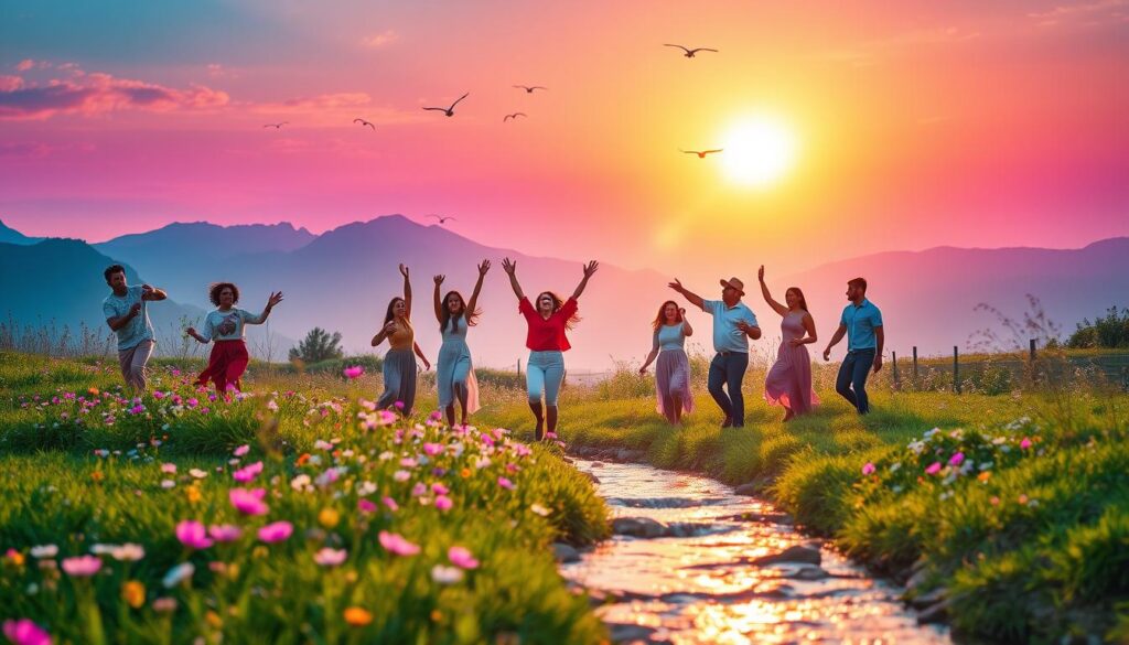 A serene nature scene infused with high vibration energy, featuring a lush meadow filled with vibrant wildflowers under a brilliant sunset sky. In the foreground, a gentle stream flows, reflecting shimmering neon colors of pink and blue that evoke a sense of harmony. In the middle ground, a group of diverse individuals dressed in stylish, modest casual clothing engage in joyful movement, surrounded by ethereal light beams that dance around them. The background showcases majestic mountains bathed in golden light, with birds soaring above, conveying freedom and upliftment. The atmosphere is tranquil yet invigorating, evoking a sense of connection and joy. Use soft, diffused lighting to enhance the dreamlike quality, captured from a slightly elevated angle to provide a sweeping view of this harmonious interaction between nature and energy. A serene nature scene infused with high vibration energy, featuring a lush meadow filled with vibrant wildflowers under a brilliant sunset sky. In the foreground, a gentle stream flows, reflecting shimmering neon colors of pink and blue that evoke a sense of harmony. In the middle ground, a group of diverse individuals dressed in stylish, modest casual clothing engage in joyful movement, surrounded by ethereal light beams that dance around them. The background showcases majestic mountains bathed in golden light, with birds soaring above, conveying freedom and upliftment. The atmosphere is tranquil yet invigorating, evoking a sense of connection and joy. Use soft, diffused lighting to enhance the dreamlike quality, captured from a slightly elevated angle to provide a sweeping view of this harmonious interaction between nature and energy.