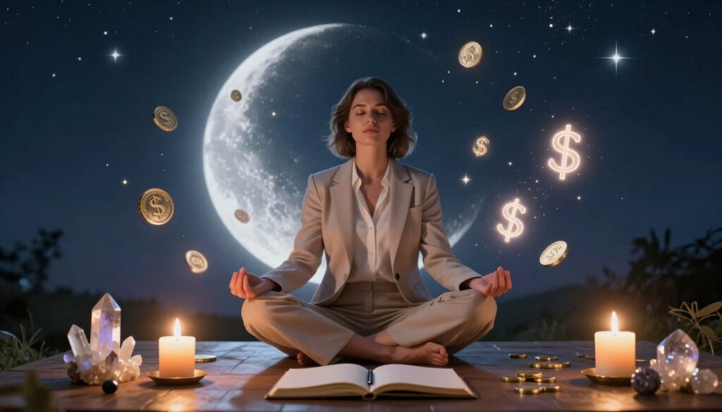 A serene new moon financial intention ritual scene. In the foreground, a wooden table adorned with crystals, a golden candle, and a neatly arranged journal with a pen, all illuminated by soft, warm candlelight. In the middle ground, a graceful figure of a Caucasian woman dressed in elegant, modest business attire, sitting cross-legged, eyes closed in meditation, surrounded by floating, ethereal symbols of wealth like coins and dollar signs made of light. The background features a night sky filled with stars and a barely visible new moon, casting a soft, mystical glow. The atmosphere is tranquil yet inspiring, emphasizing themes of manifestation and financial abundance with dreamcore aesthetics and neon accents softly integrated into the color palette. A serene new moon financial intention ritual scene. In the foreground, a wooden table adorned with crystals, a golden candle, and a neatly arranged journal with a pen, all illuminated by soft, warm candlelight. In the middle ground, a graceful figure of a Caucasian woman dressed in elegant, modest business attire, sitting cross-legged, eyes closed in meditation, surrounded by floating, ethereal symbols of wealth like coins and dollar signs made of light. The background features a night sky filled with stars and a barely visible new moon, casting a soft, mystical glow. The atmosphere is tranquil yet inspiring, emphasizing themes of manifestation and financial abundance with dreamcore aesthetics and neon accents softly integrated into the color palette.