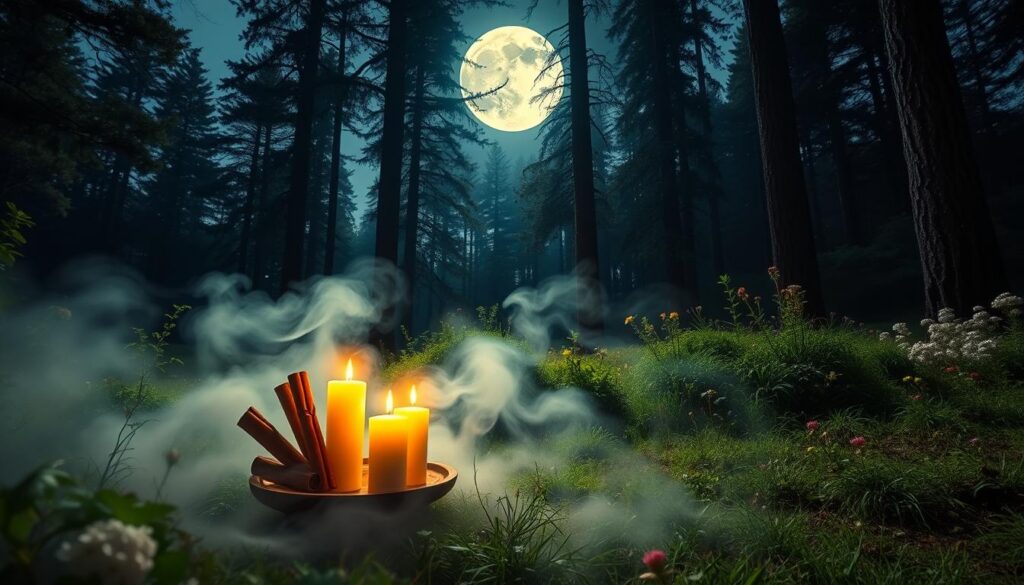 A serene new moon scene set in a tranquil forest clearing, illuminated by soft, ethereal moonlight filtering through the trees. In the foreground, a beautifully arranged altar with glowing candles and cinnamon sticks artfully placed, symbolizing the money spell. A gentle mist swirls around the altar, enhancing the mystical atmosphere. The middle ground features lush greenery and delicate wildflowers, while the background showcases towering trees silhouetted against a starry sky, creating a sense of depth. Use a low angle perspective to emphasize the majesty of the scene. The overall mood should be calming and enchanting, with vibrant neon colors subtly reflecting off the altar, adding a modern dreamcore aesthetic to this high-end magazine advertisement style. A serene new moon scene set in a tranquil forest clearing, illuminated by soft, ethereal moonlight filtering through the trees. In the foreground, a beautifully arranged altar with glowing candles and cinnamon sticks artfully placed, symbolizing the money spell. A gentle mist swirls around the altar, enhancing the mystical atmosphere. The middle ground features lush greenery and delicate wildflowers, while the background showcases towering trees silhouetted against a starry sky, creating a sense of depth. Use a low angle perspective to emphasize the majesty of the scene. The overall mood should be calming and enchanting, with vibrant neon colors subtly reflecting off the altar, adding a modern dreamcore aesthetic to this high-end magazine advertisement style.