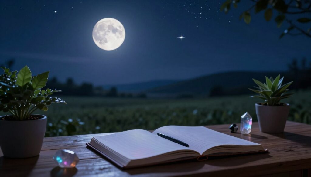 A serene night landscape featuring a new moon glowing softly in a deep indigo sky, surrounded by twinkling stars. In the foreground, a wooden desk is adorned with an open planner and a few crystals, with gentle neon colors reflecting off the surfaces. A potted plant adds a touch of greenery, symbolizing growth and fresh starts. In the background, a tranquil field stretches under the moonlight, highlighting tranquil hills. The atmosphere is calm and reflective, inviting feelings of hope and renewal. Soft, diffused lighting enhances the ethereal quality of the scene, while a slightly elevated angle gives a sense of depth and encourages viewers to partake in the planning process. Ideal for an inspirational and mystical vibe.