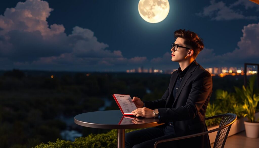 A serene night landscape under a new moon, surrounded by soft, ethereal clouds glowing with subtle neon colors, illuminating the sky. In the foreground, a stylish, professional adult Gen Z individual dressed in smart casual attire, holding a notebook filled with financial goals, sits thoughtfully at a chic outdoor table. The middle ground features lush greenery and a gentle flowing stream, reflecting the moonlight. In the background, distant city lights twinkle, hinting at prosperity and opportunities. The atmosphere is serene and hopeful, evoking a sense of calm and optimism for fresh financial starts. The lighting is soft yet vibrant, creating a dreamlike quality, reminiscent of a high-end magazine advertisement. The angle is slightly elevated, providing a panoramic view of this contemplative scene. A serene night landscape under a new moon, surrounded by soft, ethereal clouds glowing with subtle neon colors, illuminating the sky. In the foreground, a stylish, professional adult Gen Z individual dressed in smart casual attire, holding a notebook filled with financial goals, sits thoughtfully at a chic outdoor table. The middle ground features lush greenery and a gentle flowing stream, reflecting the moonlight. In the background, distant city lights twinkle, hinting at prosperity and opportunities. The atmosphere is serene and hopeful, evoking a sense of calm and optimism for fresh financial starts. The lighting is soft yet vibrant, creating a dreamlike quality, reminiscent of a high-end magazine advertisement. The angle is slightly elevated, providing a panoramic view of this contemplative scene.