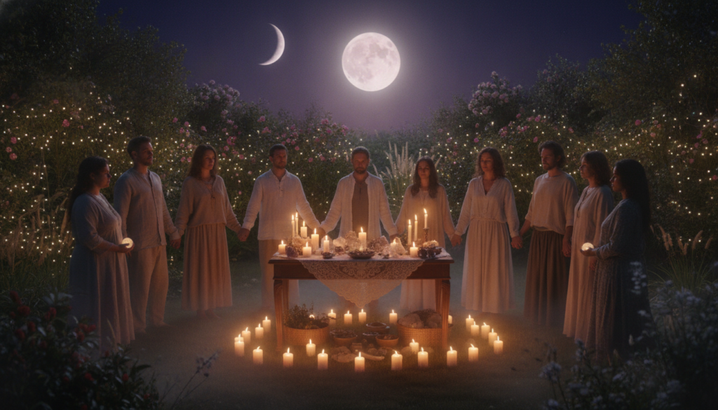 A serene night scene showcasing a full moon and a new moon ritual. In the foreground, a diverse group of individuals in modest casual clothing, gathered around an elegant, softly lit altar adorned with candles and crystals, performing a ritual. The middle ground features lush greenery and twinkling fairy lights, creating an enchanting atmosphere. In the background, the night sky is illuminated by a large, glowing full moon, while the new moon hangs subtly in the darkness, represented by a soft, shadowy silhouette. The lighting is warm and inviting, with a magical ambiance that reflects a mystical and transformative mood. Capture this moment from a slightly elevated angle, providing a sense of community and connection in the rituals. A serene night scene showcasing a full moon and a new moon ritual. In the foreground, a diverse group of individuals in modest casual clothing, gathered around an elegant, softly lit altar adorned with candles and crystals, performing a ritual. The middle ground features lush greenery and twinkling fairy lights, creating an enchanting atmosphere. In the background, the night sky is illuminated by a large, glowing full moon, while the new moon hangs subtly in the darkness, represented by a soft, shadowy silhouette. The lighting is warm and inviting, with a magical ambiance that reflects a mystical and transformative mood. Capture this moment from a slightly elevated angle, providing a sense of community and connection in the rituals.