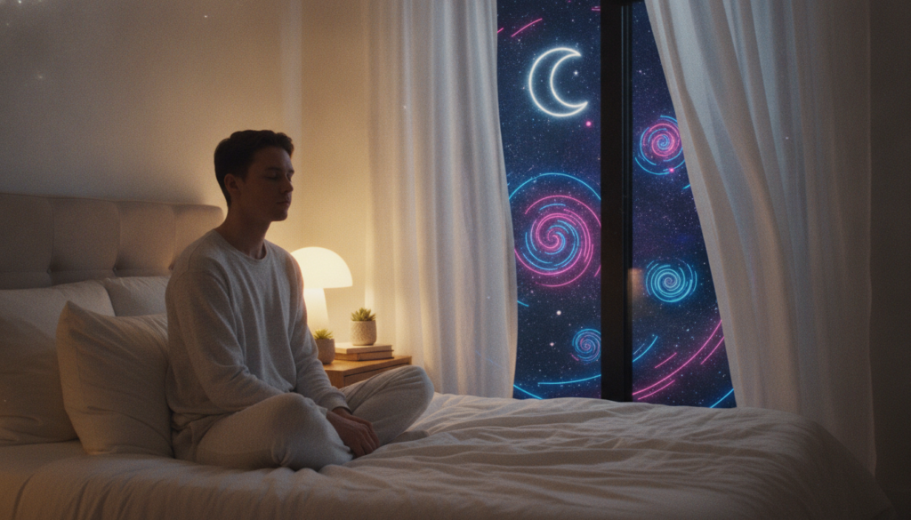 A serene nighttime bedroom scene depicting a young Caucasian adult practicing the SATS technique before sleep. The foreground features the individual, relaxed and seated on a neatly made bed, dressed in modest, comfortable loungewear. Their eyes are gently closed, with a peaceful expression, emphasizing inner focus. In the middle ground, a softly glowing bedside lamp casts warm light across the room, illuminating various calming decorative elements like plants and soft pillows. The background features a tranquil window with sheer curtains, allowing glimpses of a starry night sky, enriched with dreamcore aesthetics and neon colors, creating a surreal and imaginative ambiance. The mood is tranquil and contemplative, inviting the viewer to share in this meditative moment as they drift off to sleep. A serene nighttime bedroom scene depicting a young Caucasian adult practicing the SATS technique before sleep. The foreground features the individual, relaxed and seated on a neatly made bed, dressed in modest, comfortable loungewear. Their eyes are gently closed, with a peaceful expression, emphasizing inner focus. In the middle ground, a softly glowing bedside lamp casts warm light across the room, illuminating various calming decorative elements like plants and soft pillows. The background features a tranquil window with sheer curtains, allowing glimpses of a starry night sky, enriched with dreamcore aesthetics and neon colors, creating a surreal and imaginative ambiance. The mood is tranquil and contemplative, inviting the viewer to share in this meditative moment as they drift off to sleep.