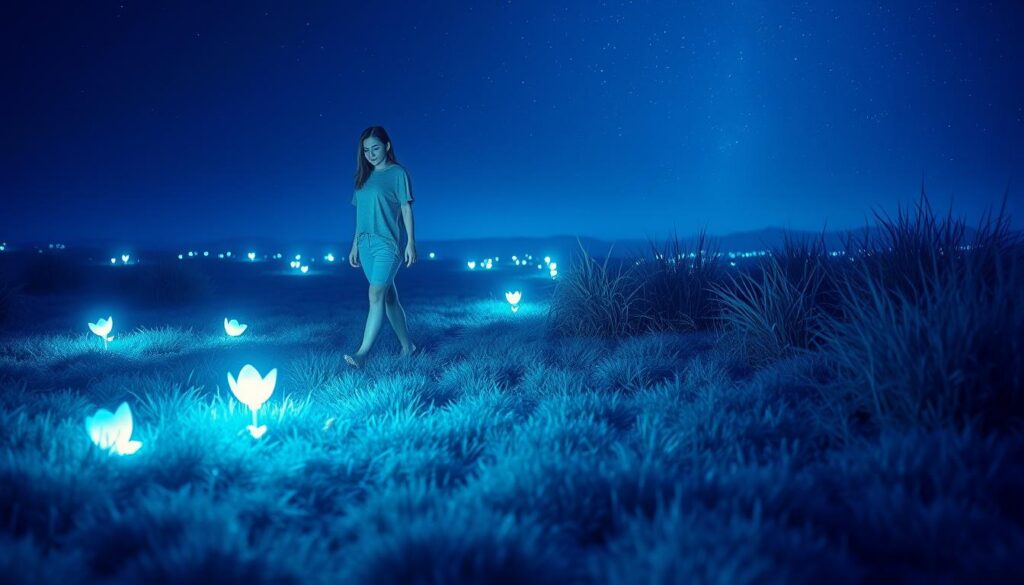 A serene nighttime scene depicting a tranquil landscape infused with Dreamcore aesthetics. In the foreground, a person in modest casual clothing walks barefoot across a soft, grassy area, illustrating the grounding concept. Their gentle expression reflects relaxation and peacefulness as they connect with the earth. The middle ground features a subtle glow of neon colors emanating from bioluminescent plants, enhancing the calming atmosphere, while the soft light bathes the scene in a soothing blue and green hue. In the background, a starry sky twinkles with ethereal colors, creating a dreamlike ambiance. Capture this from a slightly elevated angle to emphasize the connection between the person and nature, evoking feelings of relief from sleep disturbances, pain, and inflammation.