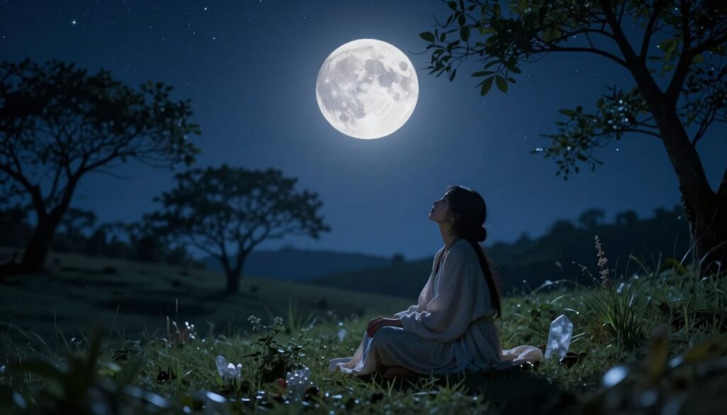 A serene nighttime scene featuring a luminous full moon casting its silver glow over a tranquil landscape. In the foreground, a serene figure, casually dressed in soft, flowing fabrics, sits cross-legged on a grassy hill, gazing up at the moon. Their expression reflects contemplation and peace, surrounded by scattered natural elements like crystals and herbs symbolizing release. In the middle ground, delicately silhouetted trees frame the scene, their leaves gently stirred by a soft breeze. The background reveals a vast starry sky, awash with deep blues and hints of neon colors, suggesting the infinite possibilities of manifestation. The atmosphere is calm and magical, enhanced by soft, ethereal lighting that highlights the moon’s radiant glow, creating a dreamlike quality. Shot from a slightly low angle to emphasize the grandeur of the moon.
