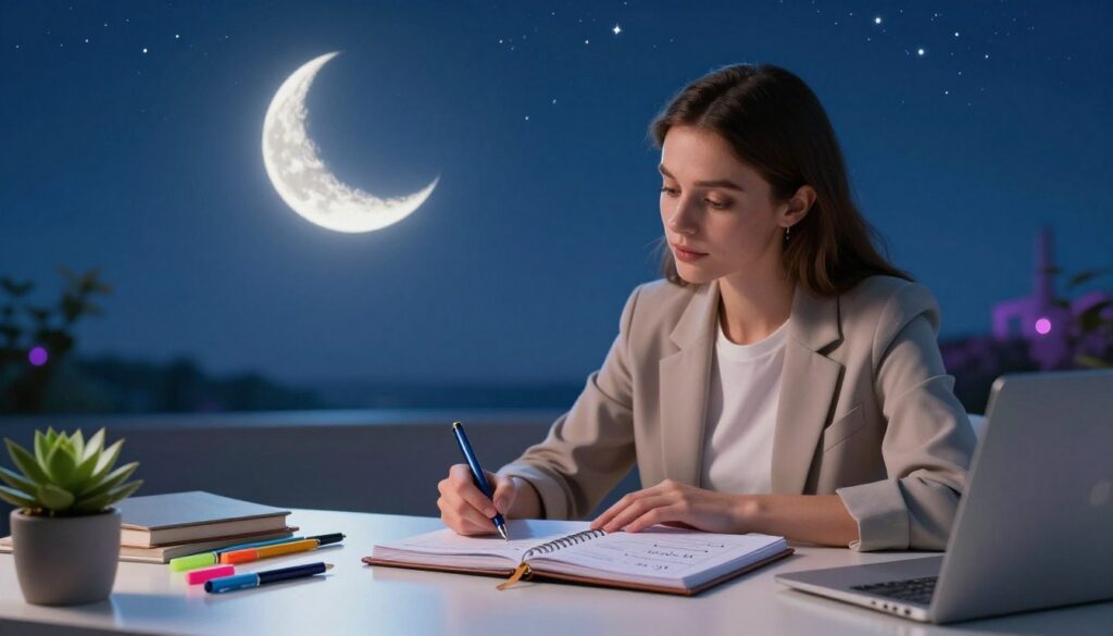 A serene nighttime scene featuring a waxing crescent moon glowing softly in a deep blue sky, surrounded by twinkling stars. In the foreground, a stylish desk is adorned with neatly organized financial planning tools — a high-end planner, colorful pens, and a small succulent plant, all illuminated by gentle, ethereal lighting. In the middle, a young adult Caucasian woman in smart casual attire gazes thoughtfully at the planner, embodying intention and focus as she sketches her cash flow strategy. The background includes subtle hints of dreamcore aesthetics, with soft neon colors gently illuminating the landscape. The overall mood evokes a sense of hope and new beginnings, perfect for manifesting wealth under the waxing crescent moon. A serene nighttime scene featuring a waxing crescent moon glowing softly in a deep blue sky, surrounded by twinkling stars. In the foreground, a stylish desk is adorned with neatly organized financial planning tools — a high-end planner, colorful pens, and a small succulent plant, all illuminated by gentle, ethereal lighting. In the middle, a young adult Caucasian woman in smart casual attire gazes thoughtfully at the planner, embodying intention and focus as she sketches her cash flow strategy. The background includes subtle hints of dreamcore aesthetics, with soft neon colors gently illuminating the landscape. The overall mood evokes a sense of hope and new beginnings, perfect for manifesting wealth under the waxing crescent moon.