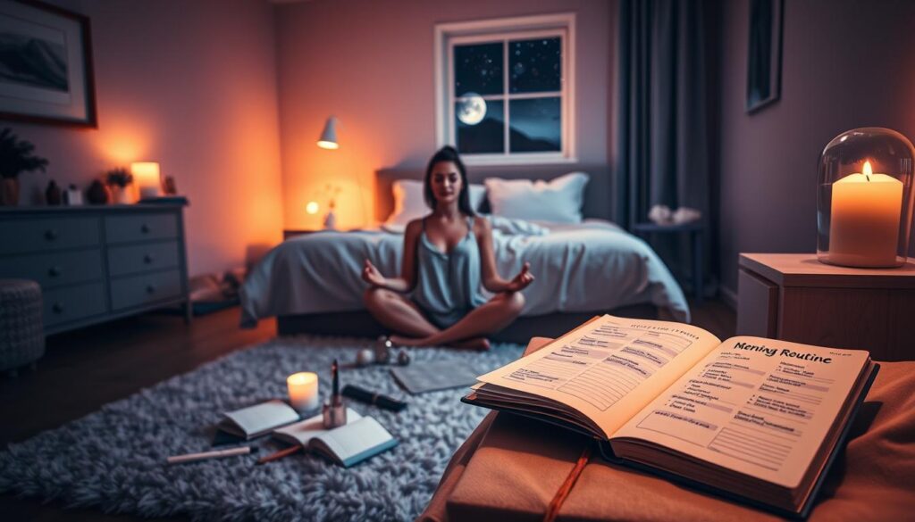 A serene nighttime scene in a cozy bedroom, softly illuminated by warm, ambient lighting. In the foreground, a person dressed in modest casual attire, sitting cross-legged on a plush rug, is meditating while surrounded by thoughtfully arranged manifestation journals, crystals, and a glowing candle. The middle ground features a neatly made bed with fluffy pillows and a serene color palette of pastel blues and purples. On the nightstand, an aesthetically pleasing planner is open, showcasing a beautifully designed morning routine. In the background, a window reveals a starry night sky, with gentle moonlight filtering in. The atmosphere exudes calmness and intention, emphasizing preparation for a successful morning. The overall mood is tranquil, inspiring, and visually aligned with the themes of manifestation and personal growth.