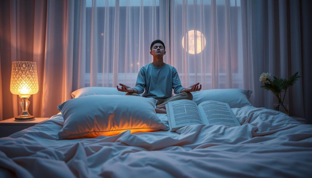 A serene nighttime scene showcasing the "Pillow Method" for manifestation. In the foreground, a plush, inviting bed adorned with soft, pastel-colored sheets, a large, fluffy pillow filled with dreams. A nearby bedside table holds a glowing crystal lamp, casting a warm, gentle light that illuminates an open, inspiring book about manifestation techniques. In the middle, a person in modest, casual clothing sits cross-legged on the bed, eyes closed, practicing deep breathing, radiating tranquility. The background features a softly lit room with dreamy visuals, moonlit curtains blowing slightly, and stars twinkling through a window. The entire atmosphere is ethereal and calming, infused with dreamcore aesthetics and neon accents for a modern touch, creating a high-end magazine advertisement vibe aimed at adult Gen Z. A serene nighttime scene showcasing the "Pillow Method" for manifestation. In the foreground, a plush, inviting bed adorned with soft, pastel-colored sheets, a large, fluffy pillow filled with dreams. A nearby bedside table holds a glowing crystal lamp, casting a warm, gentle light that illuminates an open, inspiring book about manifestation techniques. In the middle, a person in modest, casual clothing sits cross-legged on the bed, eyes closed, practicing deep breathing, radiating tranquility. The background features a softly lit room with dreamy visuals, moonlit curtains blowing slightly, and stars twinkling through a window. The entire atmosphere is ethereal and calming, infused with dreamcore aesthetics and neon accents for a modern touch, creating a high-end magazine advertisement vibe aimed at adult Gen Z.