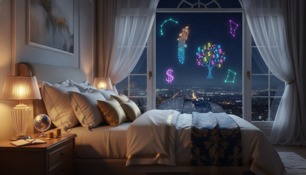 A serene nighttime scene that embodies abundance visualization. In the foreground, a tranquil bedroom setting features a cozy, neatly-made bed with soft pillows and luxurious linens, inviting relaxation. A stylish nightstand holds a glowing crystal lamp emitting a warm, soft light, casting gentle shadows. In the middle ground, a large window reveals a beautifully starry sky, with constellations shimmering in radiant neon colors, enhancing the dreamlike quality. Soft curtains billow slightly in the night breeze, adding a sense of movement. The background showcases distant city lights twinkling like stars, hinting at endless possibilities. The overall mood is calm and inspiring, ideal for sleep manifestation, with a focus on fostering a mindset of financial abundance. Use a shallow depth of field for a dreamy effect, capturing the essence of nighttime tranquility.