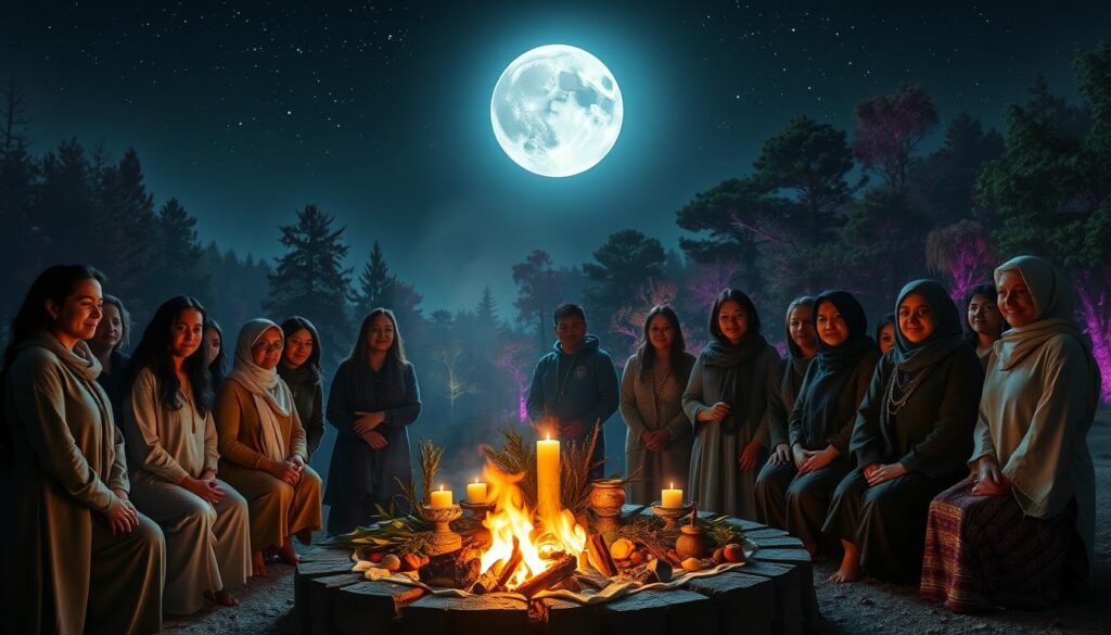 A serene nighttime scene under a luminous full moon, casting soft silver light across an ethereal landscape. In the foreground, a diverse group of individuals in modest casual clothing gathers around a circular fire pit, their expressions reflecting hope and tranquility. The middle features a beautifully arranged altar with crystals, greens, and candles, emanating a warm glow that contrasts with the cool moonlight. The background reveals an enchanting forest, vibrant with neon colors, hinting at a dreamlike quality. The sky is dotted with sparkling stars, enhancing the mystical atmosphere. The composition is shot from a slightly elevated angle, creating depth and inviting viewers into this ritualistic moment, emphasizing serenity and release. The lighting is soft yet vibrant, creating a harmonious balance between the warmth of the fire and the coolness of the moon. A serene nighttime scene under a luminous full moon, casting soft silver light across an ethereal landscape. In the foreground, a diverse group of individuals in modest casual clothing gathers around a circular fire pit, their expressions reflecting hope and tranquility. The middle features a beautifully arranged altar with crystals, greens, and candles, emanating a warm glow that contrasts with the cool moonlight. The background reveals an enchanting forest, vibrant with neon colors, hinting at a dreamlike quality. The sky is dotted with sparkling stars, enhancing the mystical atmosphere. The composition is shot from a slightly elevated angle, creating depth and inviting viewers into this ritualistic moment, emphasizing serenity and release. The lighting is soft yet vibrant, creating a harmonious balance between the warmth of the fire and the coolness of the moon.