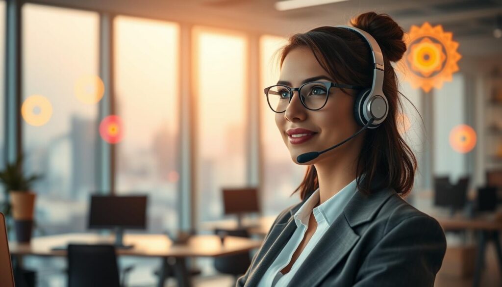A serene office environment bathed in soft, warm lighting sets the scene. In the foreground, a professional adult Gen Z woman in business attire confidently speaks into a modern headset, her expression radiating assurance. The middle ground features vibrant neon accents reflecting the energy of communication, such as glowing speech bubbles and abstract chakra symbols subtly intertwined. In the background, a modern workspace with large windows showcases a lively cityscape, symbolizing the hustle of work and financial success. The mood is uplifting and empowering, emphasizing the importance of clear communication and confidence in income. The composition utilizes a shallow depth of field, focusing on the woman while softly blurring the details of her surroundings, creating a dreamlike atmosphere that aligns with the concepts of energy flow and prosperity. A serene office environment bathed in soft, warm lighting sets the scene. In the foreground, a professional adult Gen Z woman in business attire confidently speaks into a modern headset, her expression radiating assurance. The middle ground features vibrant neon accents reflecting the energy of communication, such as glowing speech bubbles and abstract chakra symbols subtly intertwined. In the background, a modern workspace with large windows showcases a lively cityscape, symbolizing the hustle of work and financial success. The mood is uplifting and empowering, emphasizing the importance of clear communication and confidence in income. The composition utilizes a shallow depth of field, focusing on the woman while softly blurring the details of her surroundings, creating a dreamlike atmosphere that aligns with the concepts of energy flow and prosperity.