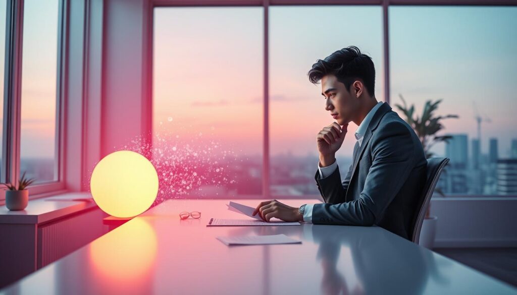 A serene office space bathed in soft, ethereal neon colors representing the concept of reducing importance. In the foreground, a young adult in professional attire sits at a sleek, minimalist desk, thoughtfully gazing at a softly glowing orb that symbolizes excess potential being released into vibrant particles. The middle layer features a gentle breeze moving through open windows, scattering papers lightly across the surface, suggesting the act of letting go. In the background, abstract dreamcore elements, like floating geometric shapes and calming gradients, merge into a tranquil skyline, enhancing the feeling of peaceful energy transformation. Soft, diffused lighting creates an uplifting atmosphere, with a focus on the interplay of shadows and light, capturing a moment of introspection and clarity.
