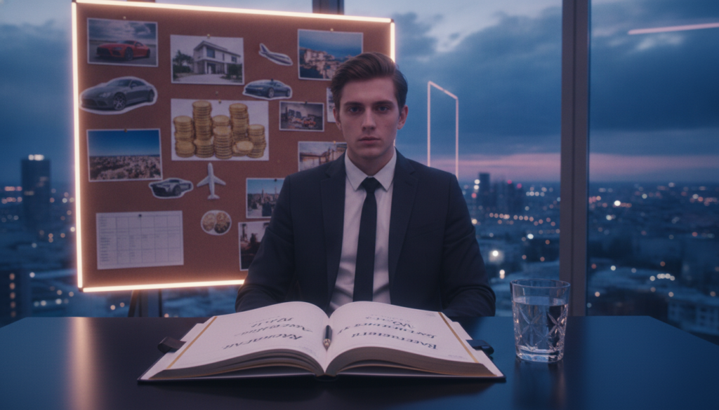 A serene office space illuminated by soft neon lights, featuring a professional adult Gen Z individual, Caucasian, dressed in business attire, seated at a sleek desk. The foreground displays a luxurious open notebook filled with inspirational quotes about wealth and success, with a crystal-clear glass of water beside it. In the middle, hints of a vision board filled with images of opulence and goals inspire a sense of ambition. The background showcases a panoramic view of a vibrant city skyline during twilight, with rich hues of blue and purple in the sky, symbolizing dreams manifesting into reality. The overall mood is aspirational and motivating, with a hint of surrealism, embodying the concept of the placebo effect as a transformative power in achieving wealth.