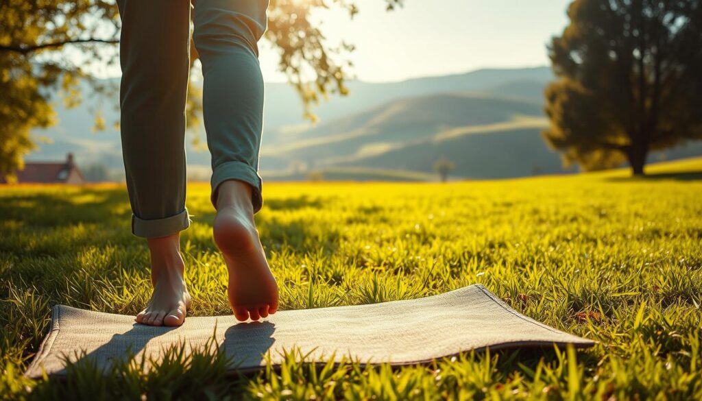 A serene outdoor scene depicting a person walking barefoot on lush green grass, embodying the concept of grounding techniques. In the foreground, a grounding mat is placed on the grass, subtly blending in with the natural environment. The middle ground features soft sunlight filtering through trees, casting gentle shadows and creating a calming atmosphere. In the background, a peaceful landscape of rolling hills and a clear blue sky enhances the mood of tranquility. The person, dressed in modest casual clothing, has a relaxed expression, symbolizing the stress relief associated with earthing. Use vibrant, neon colors to infuse a modern touch, resembling a high-end magazine advertisement aimed at adult Gen Z. The image should have a warm, inviting light with a slight lens flare to emphasize the tranquil setting.