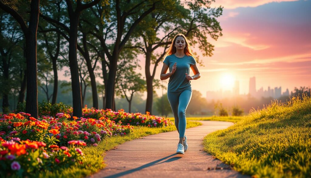 A serene outdoor scene depicting a young adult Gen Z individual practicing walking meditation in a lush park. In the foreground, the person, dressed in comfortable yet stylish activewear, strides thoughtfully along a winding path lined with vibrant flowers and lush greenery. Their expression is calm and focused, embodying a sense of peace and purpose. In the middle ground, soft sunlight filters through the leaves of tall trees, casting gentle dappled shadows on the ground. The background features a dreamy skyline with a sunset drenched in neon colors, evoking a futuristic vibe. The atmosphere is tranquil and inspiring, encouraging viewers to envision their best selves in the act of mindful movement. The image should have a soft focus, reminiscent of a high-end magazine advertisement, capturing the essence of transformation and self-embodiment.
