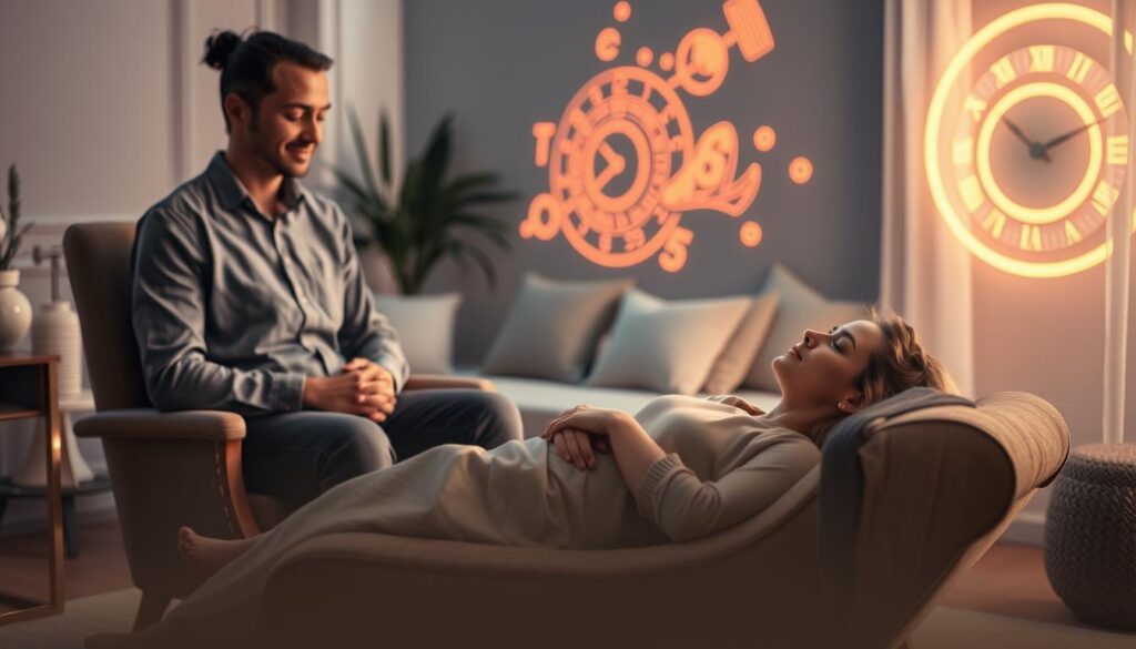 A serene past life regression session in a softly lit room, featuring a professional therapist and a relaxed client lying on a comfortable reclined chair. The therapist, wearing smart casual attire, gently guides the session with a tranquil expression, while the client, dressed in modest clothing, has their eyes closed, visibly immersed in deep concentration. In the foreground, illustrated dream-like imagery of past lives emerges, blending ethereal landscapes and silhouettes of ancient figures. The middle ground showcases elegant furnishings and calming decor, such as soft cushions and ambient lighting, creating a cozy atmosphere. The background features abstract, neon-colored visual elements reflecting the concept of time and past experiences, illuminated in a way that feels both inviting and mystical. The overall mood is introspective, encouraging a deep exploration of the subconscious mind. A serene past life regression session in a softly lit room, featuring a professional therapist and a relaxed client lying on a comfortable reclined chair. The therapist, wearing smart casual attire, gently guides the session with a tranquil expression, while the client, dressed in modest clothing, has their eyes closed, visibly immersed in deep concentration. In the foreground, illustrated dream-like imagery of past lives emerges, blending ethereal landscapes and silhouettes of ancient figures. The middle ground showcases elegant furnishings and calming decor, such as soft cushions and ambient lighting, creating a cozy atmosphere. The background features abstract, neon-colored visual elements reflecting the concept of time and past experiences, illuminated in a way that feels both inviting and mystical. The overall mood is introspective, encouraging a deep exploration of the subconscious mind.
