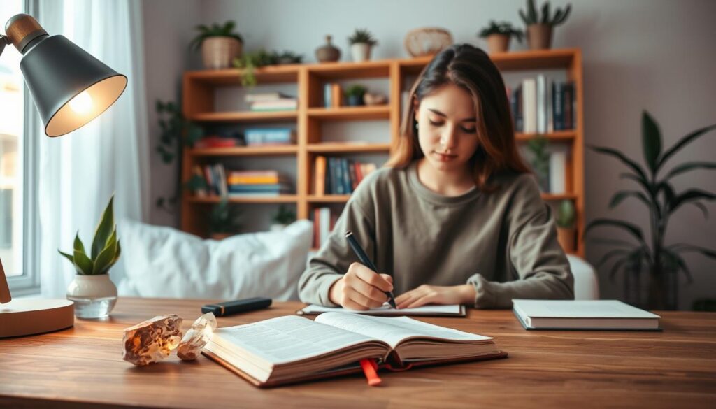A serene personal journaling ritual set in a cozy, well-lit room filled with soft, ambient light. In the foreground, a stylish wooden desk is adorned with a beautifully arranged journal, a fountain pen, and decorative crystals, evoking a sense of mindfulness. In the middle ground, a young adult dressed in modest casual clothing, deeply focused on writing, their expression calm and contemplative. The background features an aesthetically pleasing bookshelf filled with inspiring books and plants, creating a tranquil atmosphere. The color scheme incorporates soft pastel tones contrasted with pops of neon colors for a modern touch. The overall mood is peaceful and reflective, capturing the essence of preparation and intention setting before scripting one's dream life. The composition should be shot from a slightly elevated angle to enhance depth.