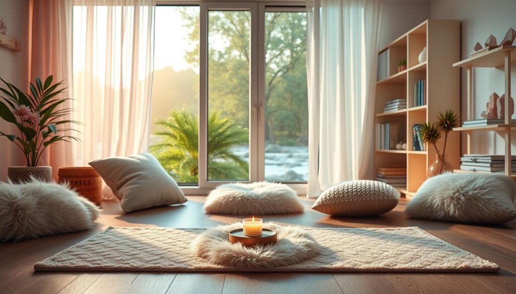 A serene room designed for a calm reality shifting routine, featuring a soft, glowing ambiance with pastel neon colors. In the foreground, a cozy meditation space, complete with a plush yoga mat, adorned with fluffy cushions and a gently flickering candle to create a soothing atmosphere. In the middle, a large window reveals a dreamy landscape of lush greenery and softly flowing water, with sunlight filtering through sheer curtains, casting delicate shadows. In the background, shelves filled with mindfulness books and crystals add a touch of elegance. Capture the scene with a warm, inviting lighting, shot from a low angle to emphasize the tranquility and comfort of the space, evoking a peaceful mood perfect for relaxation and introspection. A serene room designed for a calm reality shifting routine, featuring a soft, glowing ambiance with pastel neon colors. In the foreground, a cozy meditation space, complete with a plush yoga mat, adorned with fluffy cushions and a gently flickering candle to create a soothing atmosphere. In the middle, a large window reveals a dreamy landscape of lush greenery and softly flowing water, with sunlight filtering through sheer curtains, casting delicate shadows. In the background, shelves filled with mindfulness books and crystals add a touch of elegance. Capture the scene with a warm, inviting lighting, shot from a low angle to emphasize the tranquility and comfort of the space, evoking a peaceful mood perfect for relaxation and introspection.