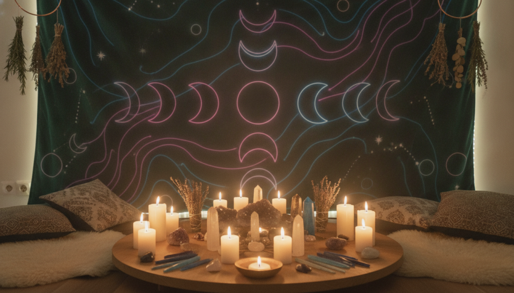 A serene sacred space for a new moon ritual, set in an intimate indoor environment. In the foreground, a beautifully arranged altar adorned with soft, glowing candles and delicate crystals that reflect gentle light. The middle layer features a lush, dark green tapestry draping the walls, complemented by dreamlike neon accents—hues of lavender and deep blue swirling in the background. Ethereal elements like moon phase artwork and fresh herbs create a magical ambiance. Subtle, warm lighting bathes the scene, enhancing tranquility and inviting introspection. The atmosphere is peaceful and inviting, perfect for intention-setting. Capture this in a high-resolution image with a soft focus, reminiscent of a high-end magazine editorial that appeals to youthful, adult Gen Z aesthetics.