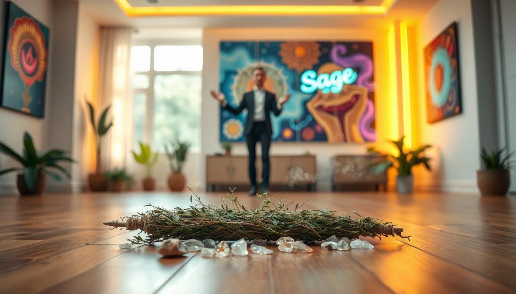 A serene sage bundle room clearing scene, showcasing a spacious, softly lit room with a beautiful wooden floor. In the foreground, a neatly arranged sage bundle, surrounded by delicate crystals and lush green plants, symbolizes purification. The middle ground features a person in professional business attire gently waving the sage, moving gracefully around the room, creating a flowing, ordered movement through the space. The background reveals colorful, dreamlike wall art with neon accents and a large window letting in warm, natural light. The atmosphere is calming and meditative, invoking a sense of clarity and balance, perfect for illustrating the concept of intentional space clearing. Use a soft focus lens to emphasize warmth and tranquility, enhancing the overall dreamcore aesthetic.