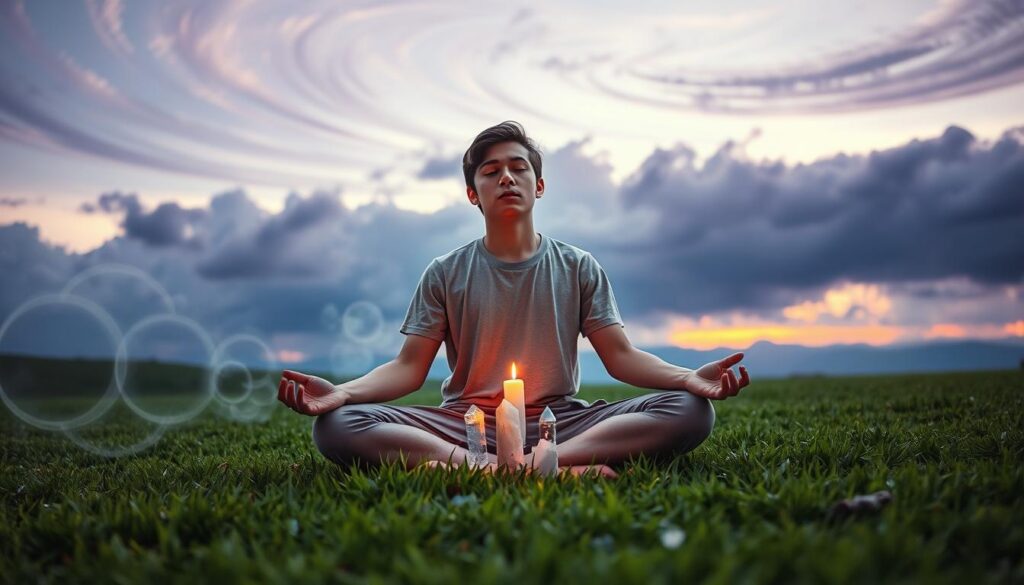 A serene scene capturing a person engaging in grounding practices during Mercury Retrograde. In the foreground, a young adult in modest casual clothing sits cross-legged on a lush, vibrant green lawn, with hands resting on their knees, eyes closed in meditation. The middle layer features an array of crystals and incense around them, radiating soft, colorful glows that reflect the neon color palette typical of Dreamcore aesthetic. In the background, a dreamy landscape unfolds, with swirling clouds in deep purples and blues, hinting at the cosmic influence of Mercury. Soft ambient lighting highlights the subject, creating a peaceful and introspective atmosphere, with a lens effect that adds a touch of mystique, inviting viewers to explore the grounding practices essential during this astrological phase.