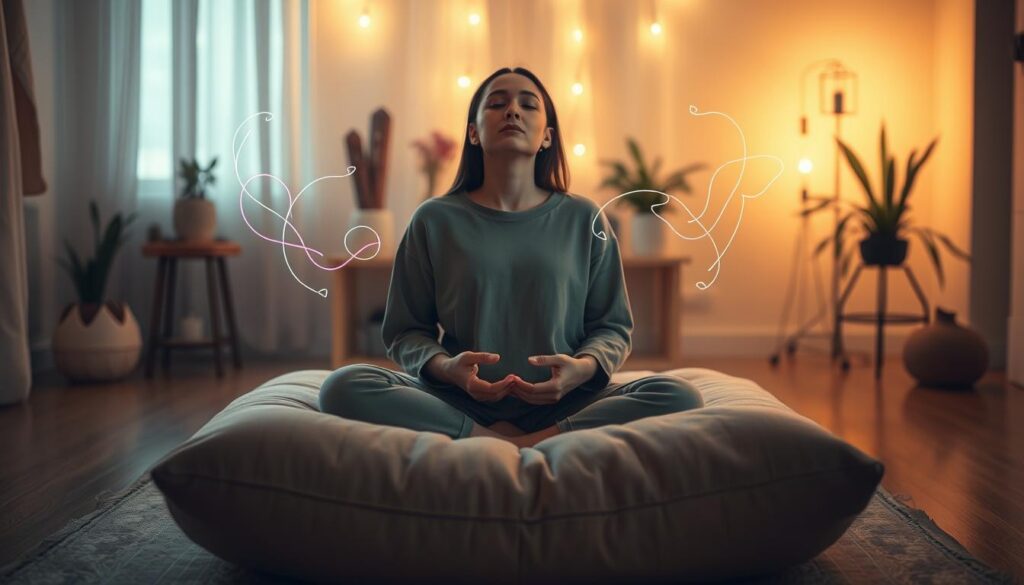 A serene scene capturing an individual preparing for soul tie removal in a softly lit, dreamcore-inspired environment. In the foreground, a person sits cross-legged on a plush, oversized cushion, wearing modest casual clothing, eyes closed in deep reflection. Their hands rest on their knees, palms up, surrounded by a gentle aura of neon colors that symbolizes energy and emotional release. The middle layer features subtle representations of toxic cords dissolving into ethereal wisps, visually expressing liberation. In the background, a softly glowing meditation space adorned with crystals and plants, enhancing the peaceful atmosphere. The lighting is warm and inviting, creating an ambiance of calm and introspection, with a slightly blurred depth of field to emphasize the subject. The overall mood conveys hope, transformation, and a journey towards inner peace. A serene scene capturing an individual preparing for soul tie removal in a softly lit, dreamcore-inspired environment. In the foreground, a person sits cross-legged on a plush, oversized cushion, wearing modest casual clothing, eyes closed in deep reflection. Their hands rest on their knees, palms up, surrounded by a gentle aura of neon colors that symbolizes energy and emotional release. The middle layer features subtle representations of toxic cords dissolving into ethereal wisps, visually expressing liberation. In the background, a softly glowing meditation space adorned with crystals and plants, enhancing the peaceful atmosphere. The lighting is warm and inviting, creating an ambiance of calm and introspection, with a slightly blurred depth of field to emphasize the subject. The overall mood conveys hope, transformation, and a journey towards inner peace.