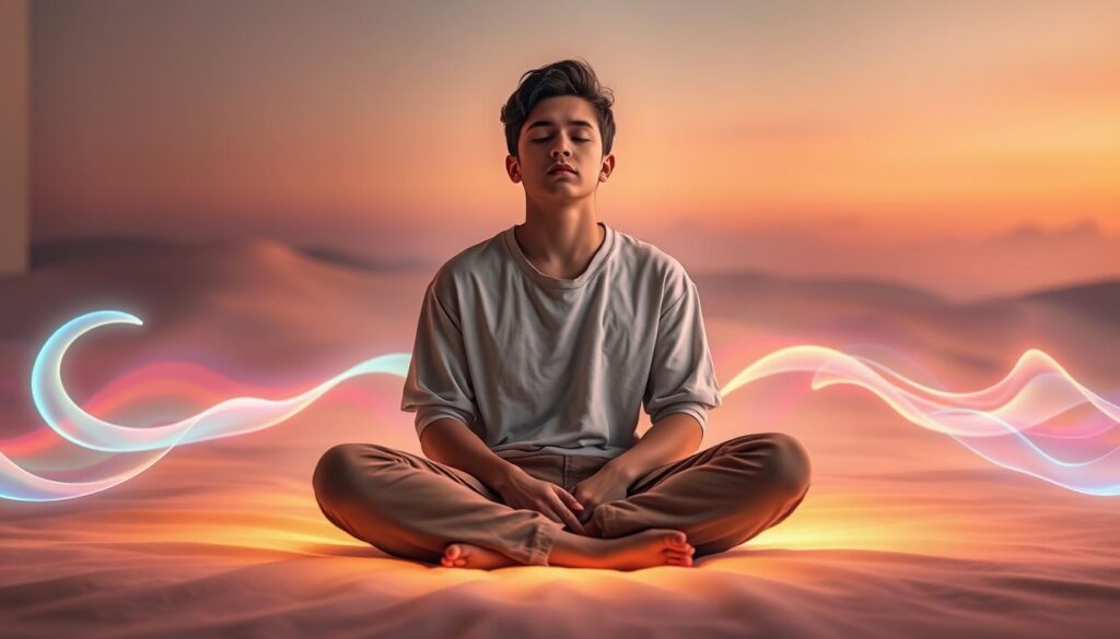 A serene scene capturing the essence of "anxiety release manifestation," featuring a young adult in modest casual clothing, sitting cross-legged on a soft, illuminated floor. The foreground showcases the individual with a relaxed posture, eyes closed, surrounded by a gentle glow emanating from ethereal, swirling neon colors that symbolize calmness and clarity. In the middle ground, soft, dream-like shapes cascade around, resembling calming waves or gentle energy flows, enhancing the theme of release. The background presents a softly blurred abstract landscape colored in soothing pastels, creating an atmosphere of tranquility and hope. Warm, diffused lighting bathes the entire scene, casting soft shadows and inviting a sense of peace. The overall mood is uplifting and introspective, ideal for conveying the journey of releasing anxiety while engaging in manifestation practices. A serene scene capturing the essence of "anxiety release manifestation," featuring a young adult in modest casual clothing, sitting cross-legged on a soft, illuminated floor. The foreground showcases the individual with a relaxed posture, eyes closed, surrounded by a gentle glow emanating from ethereal, swirling neon colors that symbolize calmness and clarity. In the middle ground, soft, dream-like shapes cascade around, resembling calming waves or gentle energy flows, enhancing the theme of release. The background presents a softly blurred abstract landscape colored in soothing pastels, creating an atmosphere of tranquility and hope. Warm, diffused lighting bathes the entire scene, casting soft shadows and inviting a sense of peace. The overall mood is uplifting and introspective, ideal for conveying the journey of releasing anxiety while engaging in manifestation practices.