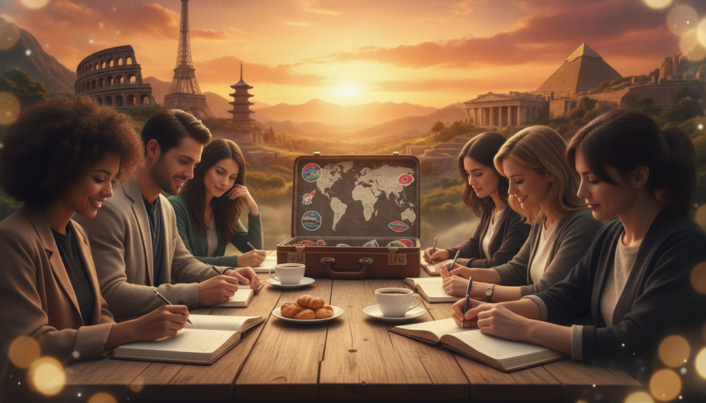 A serene scene capturing the essence of love and travel manifestation. In the foreground, a diverse group of young adults, dressed in stylish yet modest casual clothing, sit together at a picturesque outdoor café, writing in elegant journals. The middle ground features a vintage suitcase adorned with stickers from various countries, subtly emphasizing the theme of travel and exploration. In the background, a vibrant sunset casts warm golden and neon hues across a breathtaking landscape that seamlessly blends iconic landmarks from around the world. Soft bokeh lighting creates a dreamy atmosphere, accentuating the feeling of inspiration and possibility. The overall mood is uplifting and hopeful, inviting viewers to embrace the journey of manifesting love, travel, and meaningful relationships. A serene scene capturing the essence of love and travel manifestation. In the foreground, a diverse group of young adults, dressed in stylish yet modest casual clothing, sit together at a picturesque outdoor café, writing in elegant journals. The middle ground features a vintage suitcase adorned with stickers from various countries, subtly emphasizing the theme of travel and exploration. In the background, a vibrant sunset casts warm golden and neon hues across a breathtaking landscape that seamlessly blends iconic landmarks from around the world. Soft bokeh lighting creates a dreamy atmosphere, accentuating the feeling of inspiration and possibility. The overall mood is uplifting and hopeful, inviting viewers to embrace the journey of manifesting love, travel, and meaningful relationships.