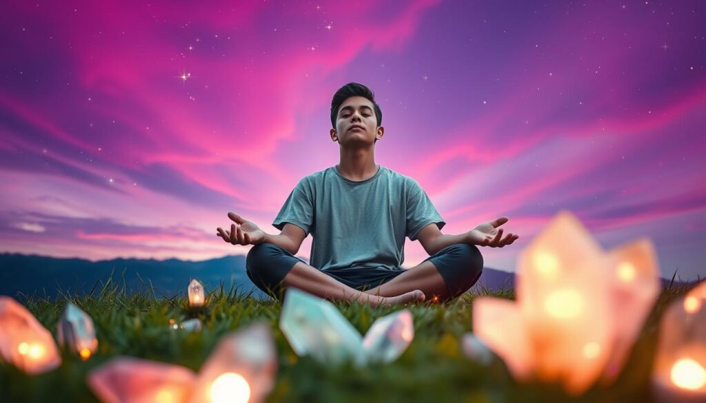 A serene scene capturing the essence of spiritual alignment, depicting a young adult in casual, modest clothing sitting cross-legged on a lush, green hillside at dusk. The foreground features soft, colorful crystals radiating gentle light around them, highlighting a sense of inner peace. In the middle ground, the individual's expression is calm, eyes closed, embodying tranquility and reflection. The background is a stunning gradient sky painted in deep purples and vibrant neon pinks, scattered with twinkling stars, giving an ethereal feel. Soft, glowing orbs float around, symbolizing harmony and connection to the universe. The lighting is soft and enchanting, creating an uplifting atmosphere that invites viewers to feel the profound sense of alignment and serenity. The lens captures a wide shot to encompass the beauty of the surroundings, conveying a dreamlike quality. A serene scene capturing the essence of spiritual alignment, depicting a young adult in casual, modest clothing sitting cross-legged on a lush, green hillside at dusk. The foreground features soft, colorful crystals radiating gentle light around them, highlighting a sense of inner peace. In the middle ground, the individual's expression is calm, eyes closed, embodying tranquility and reflection. The background is a stunning gradient sky painted in deep purples and vibrant neon pinks, scattered with twinkling stars, giving an ethereal feel. Soft, glowing orbs float around, symbolizing harmony and connection to the universe. The lighting is soft and enchanting, creating an uplifting atmosphere that invites viewers to feel the profound sense of alignment and serenity. The lens captures a wide shot to encompass the beauty of the surroundings, conveying a dreamlike quality.